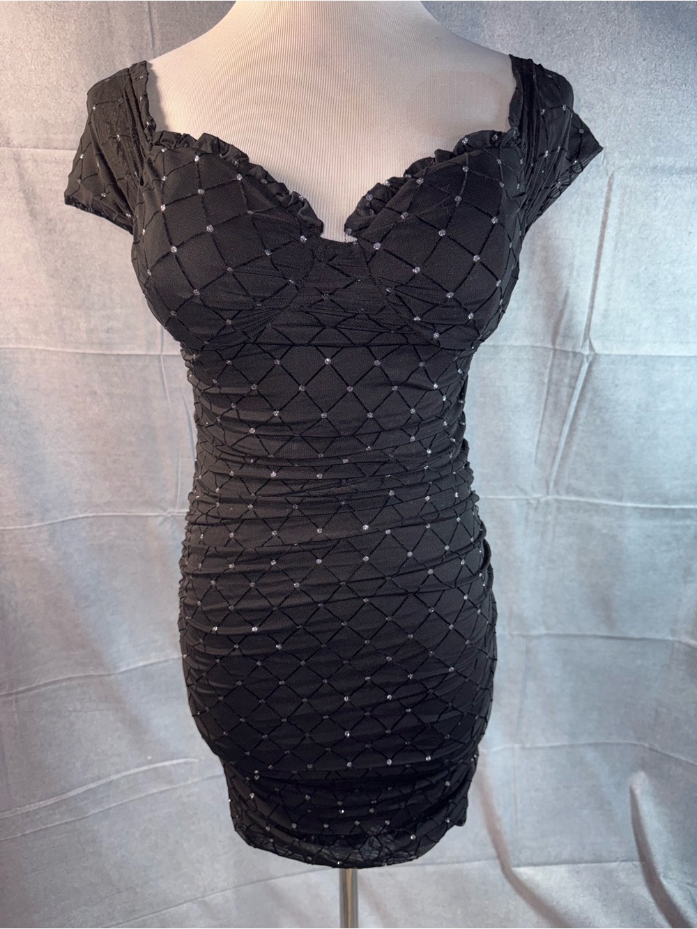 2242-Windsor Black Ruched Cap-Sleeve Mini Dress with Beaded Grid